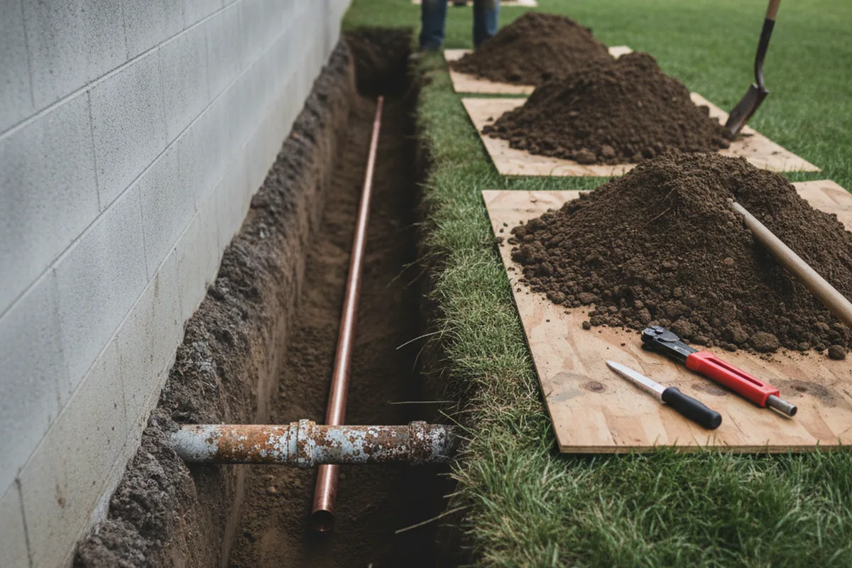 Excavated water line trench during Sewer Line Repair in Shady Point